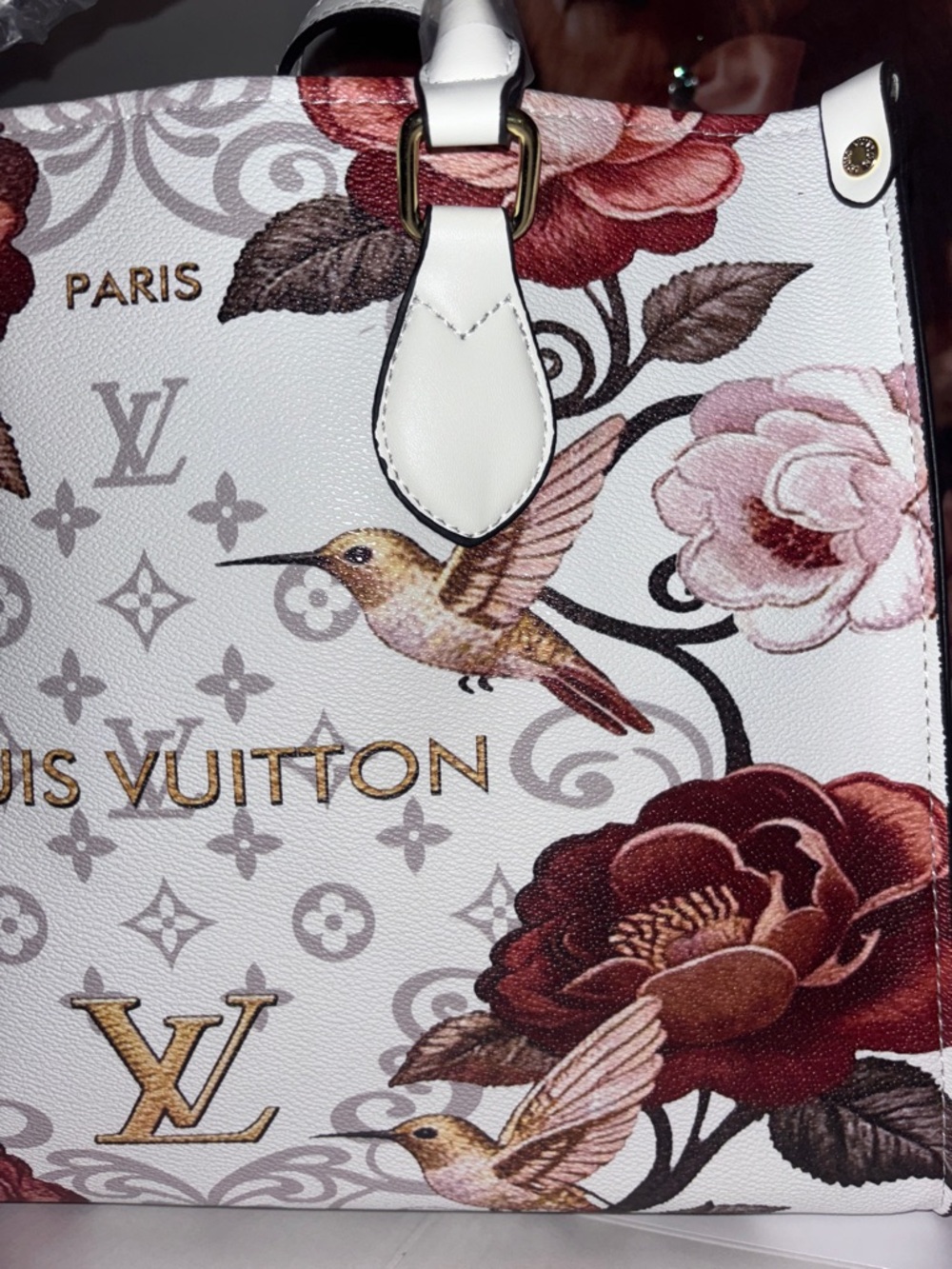 Inspired ) Louis Vuitton White Floral Hummingbird Satchel with Burgundy Accents - Picture 2 of 8